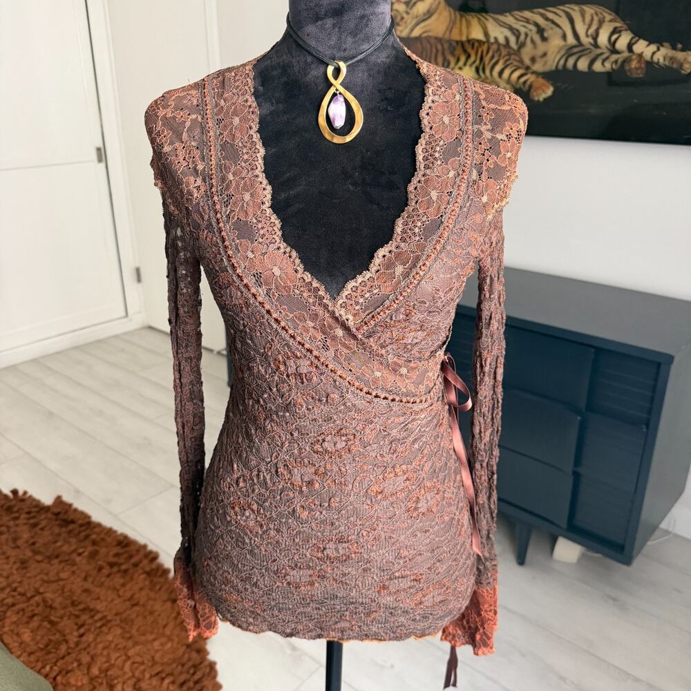 Vtg Ann Ferriday Top Medium Brown Lace Sheer Ruffle Whimsygoth Fairy Y2K Boho